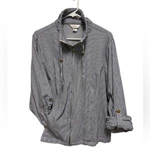 CJ Banks Womens Jacket Navy White Striped Zip Up Roll Tab Sleeve Pockets Plus 1X